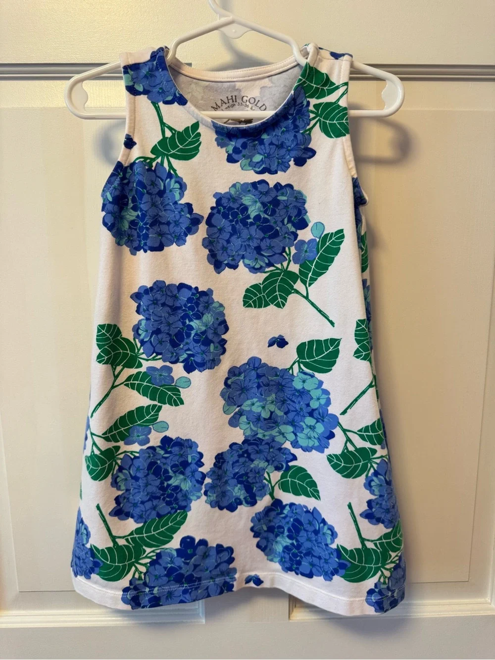 MAHI GOLD White Dress with Blue Floral Hydrangea Print
